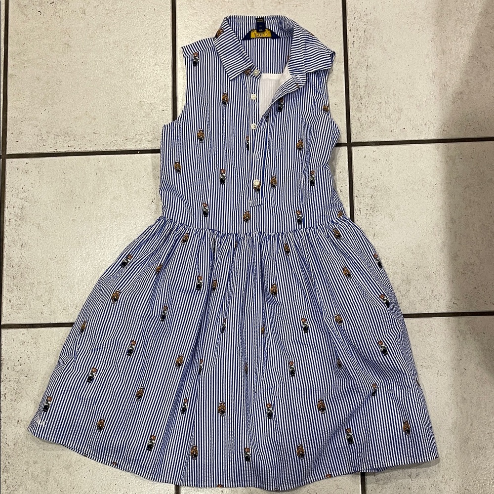 Polo by Ralph Lauren polo bear Blue Striped sleeveless dress pockets girls 12